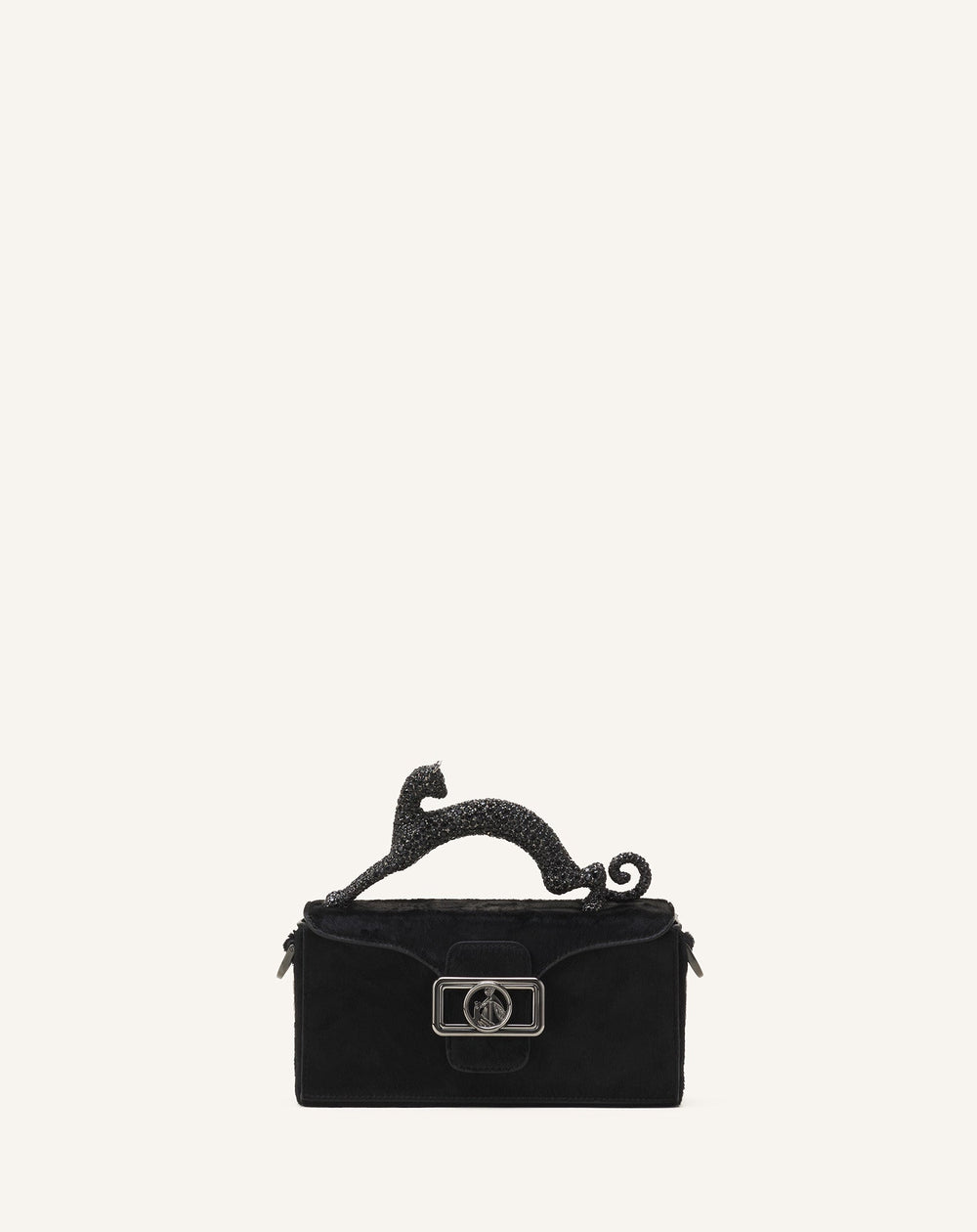 Black Pencil Cat Nano Leather Bag With Pony Effect And Rhinestones