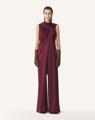 Brown Long Jumpsuit In Satin