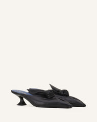 Black Midnight Step Bow Leather Mule With Heel