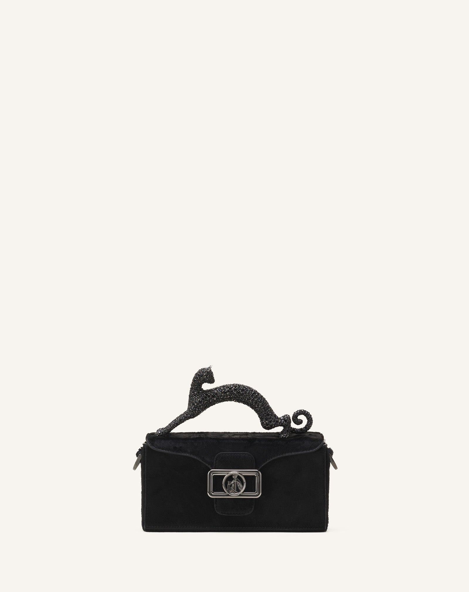 Black Pencil Cat Nano Leather Bag With Pony Effect And Rhinestones