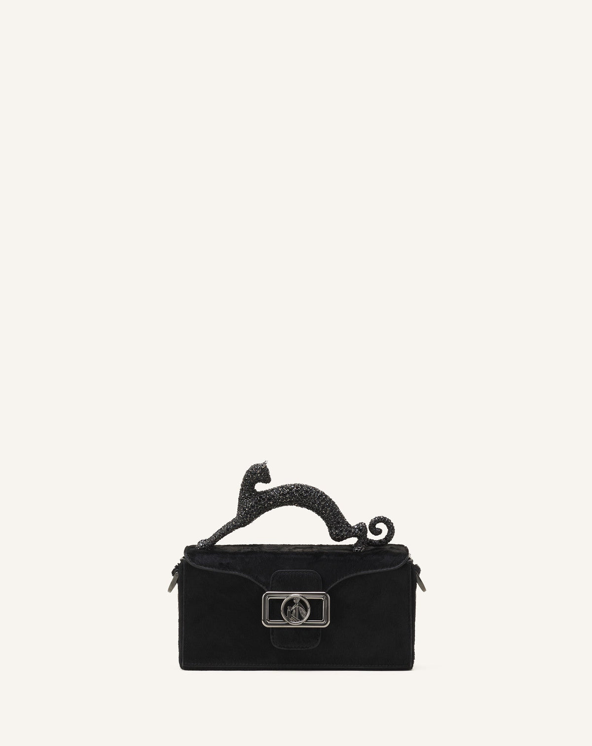 Black Pencil Cat Nano Leather Bag With Pony Effect And Rhinestones