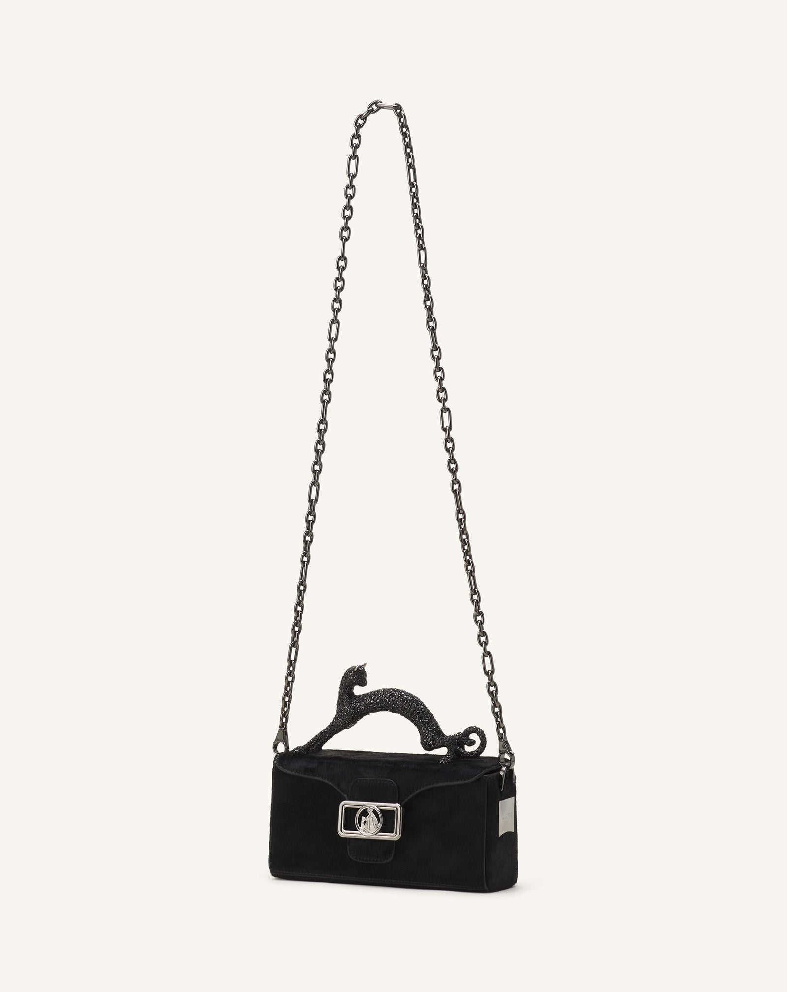 Black Pencil Cat Nano Leather Bag With Pony Effect And Rhinestones