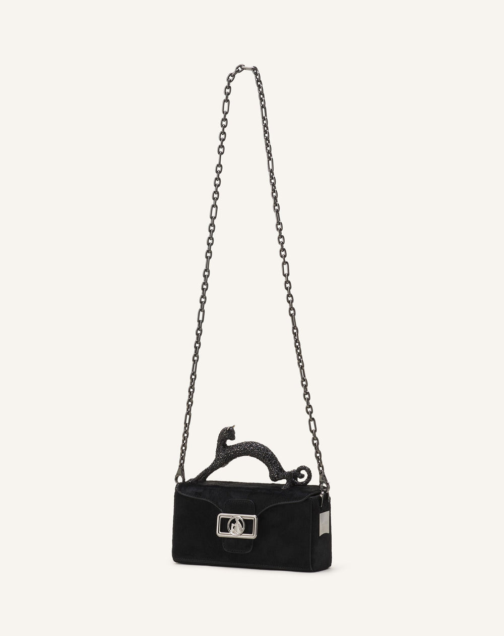 Black Pencil Cat Nano Leather Bag With Pony Effect And Rhinestones