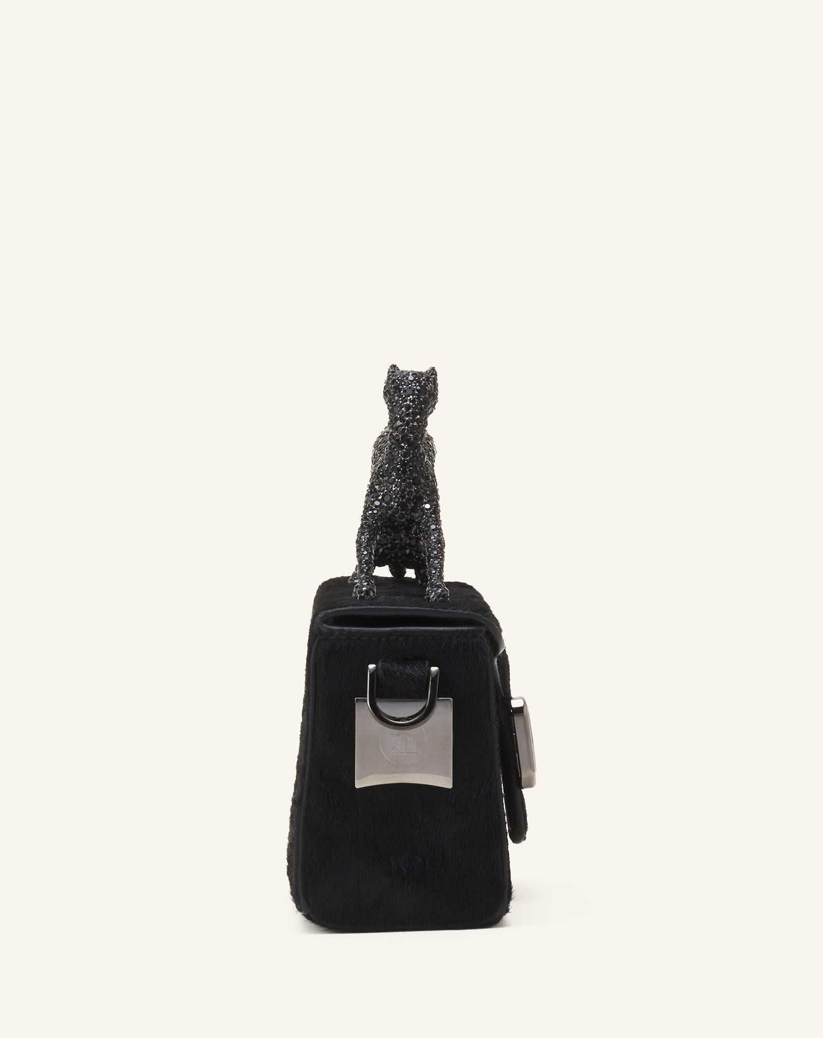 Black Pencil Cat Nano Leather Bag With Pony Effect And Rhinestones