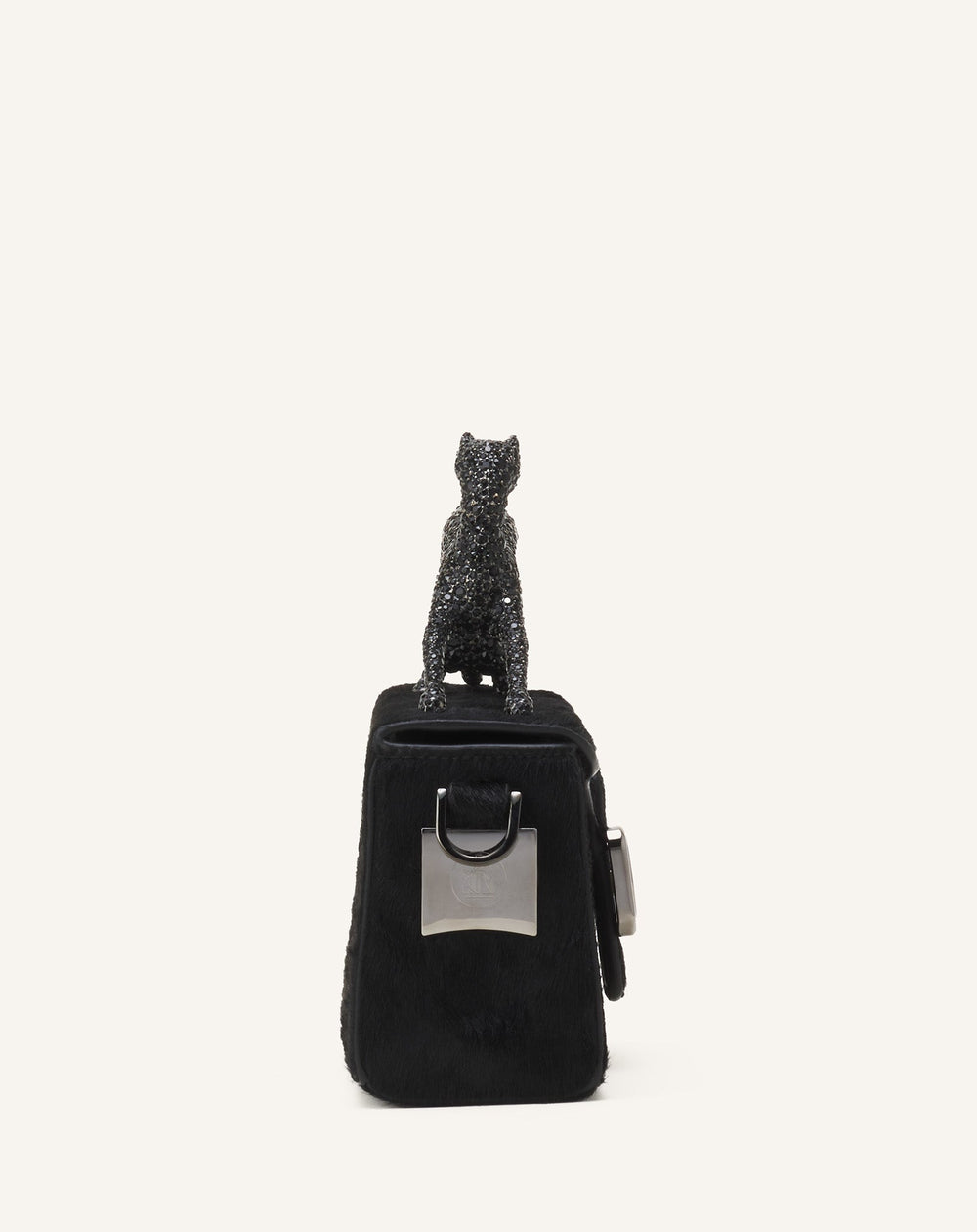 Black Pencil Cat Nano Leather Bag With Pony Effect And Rhinestones