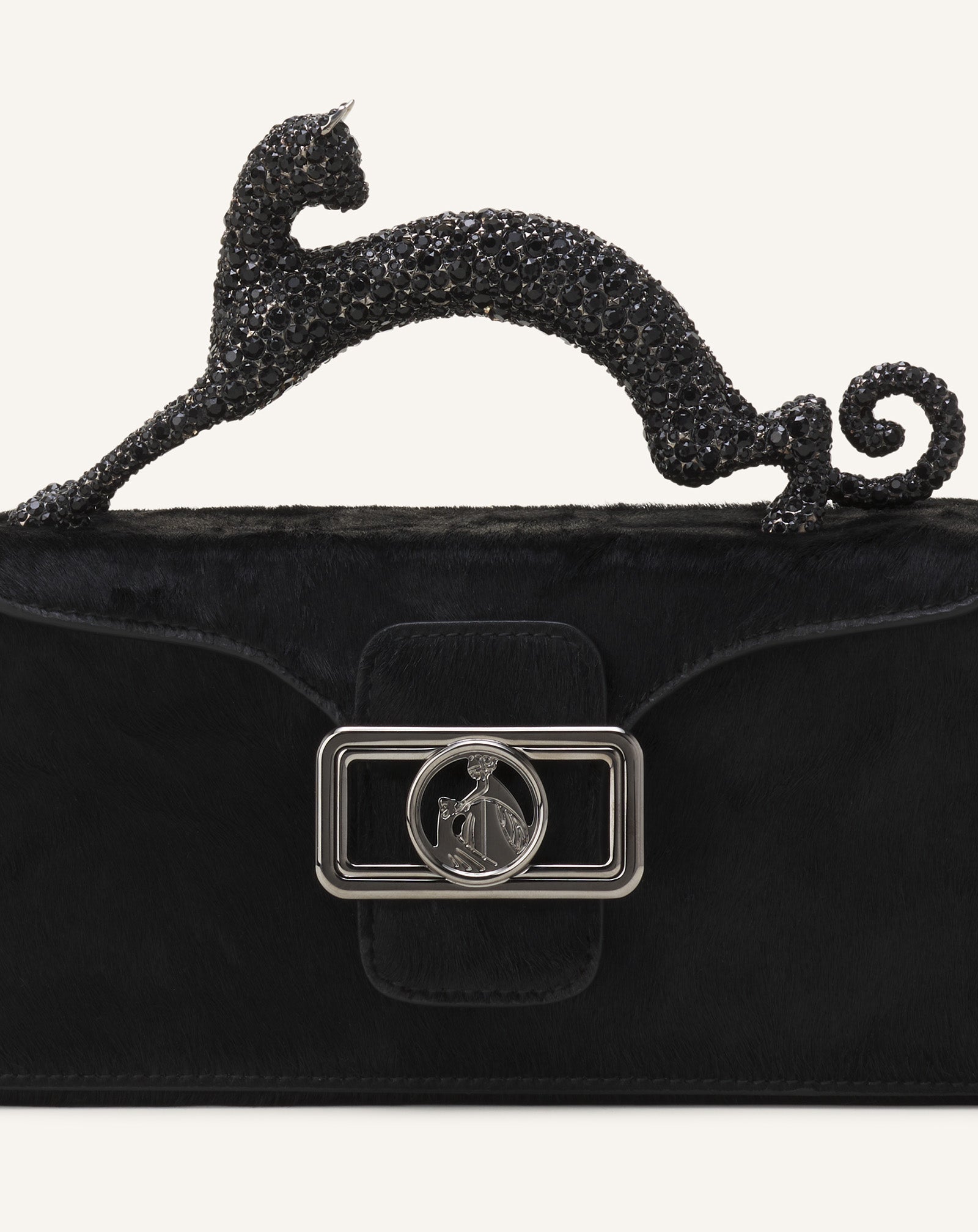 Black Pencil Cat Nano Leather Bag With Pony Effect And Rhinestones