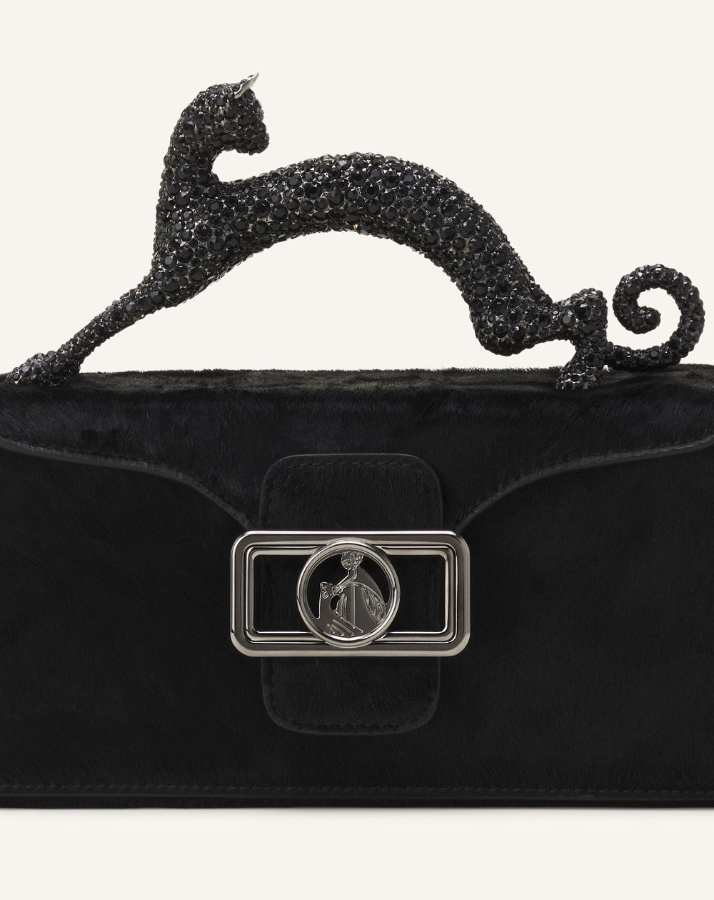 Black Pencil Cat Nano Leather Bag With Pony Effect And Rhinestones