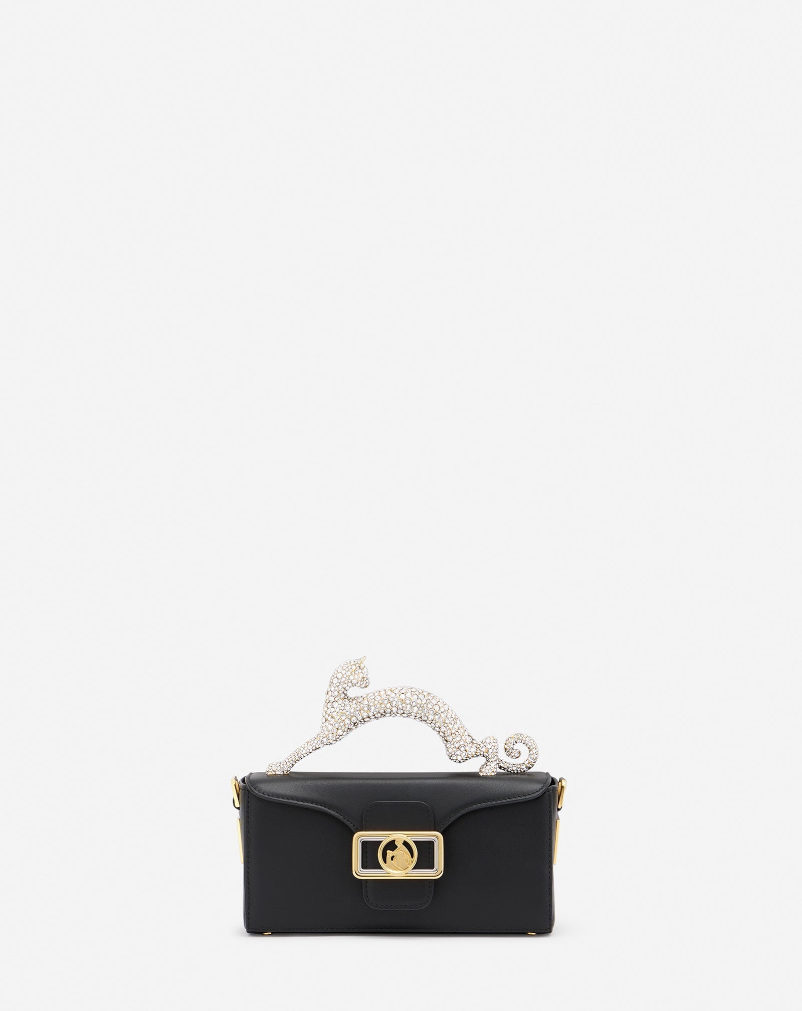 Black Nano Pencil Cat Bag In Leather And Rhinestone