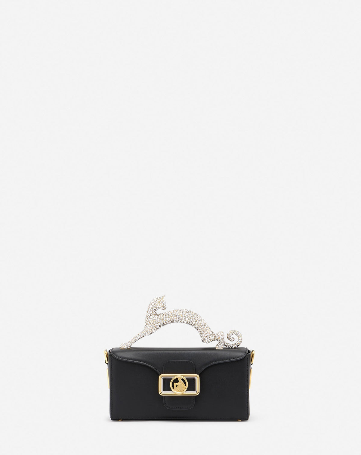 Black Nano Pencil Cat Bag In Leather And Rhinestone