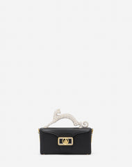 Black Nano Pencil Cat Bag In Leather And Rhinestone