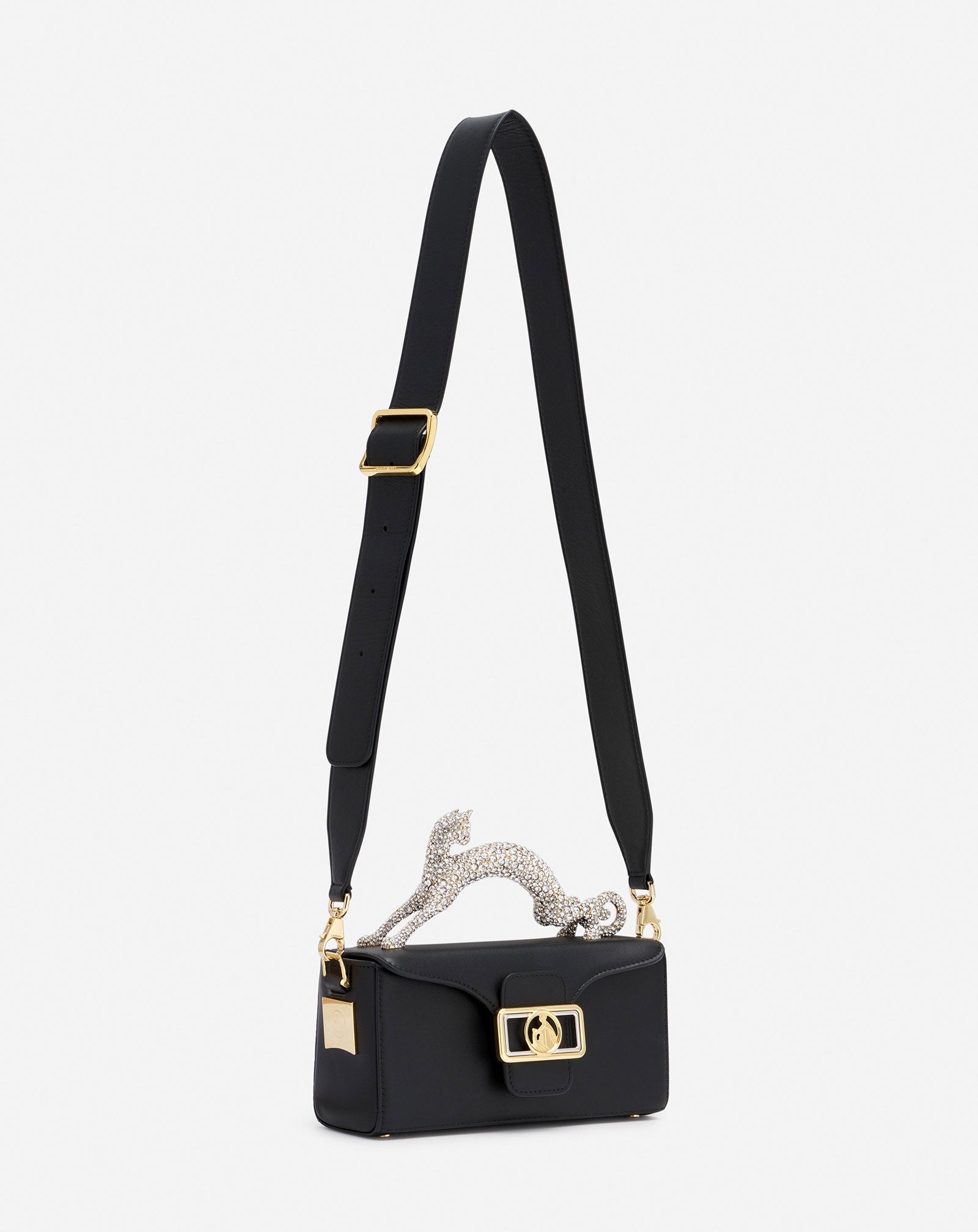 Black Nano Pencil Cat Bag In Leather And Rhinestone