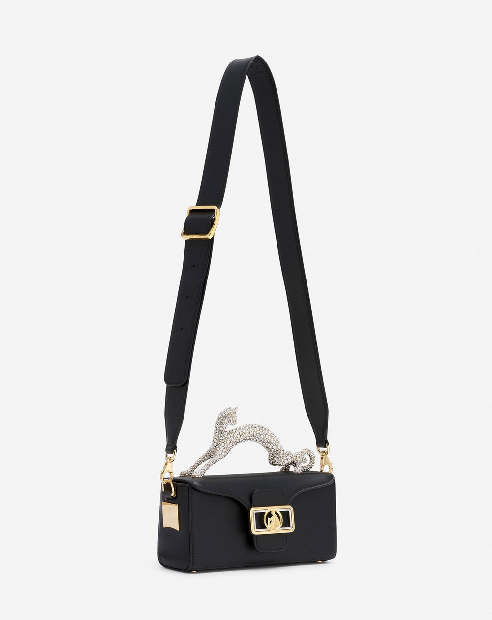 Black Nano Pencil Cat Bag In Leather And Rhinestone