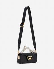Black Nano Pencil Cat Bag In Leather And Rhinestone