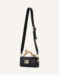 Black Leather Nano Pencil Cat Bag With Rhinestones