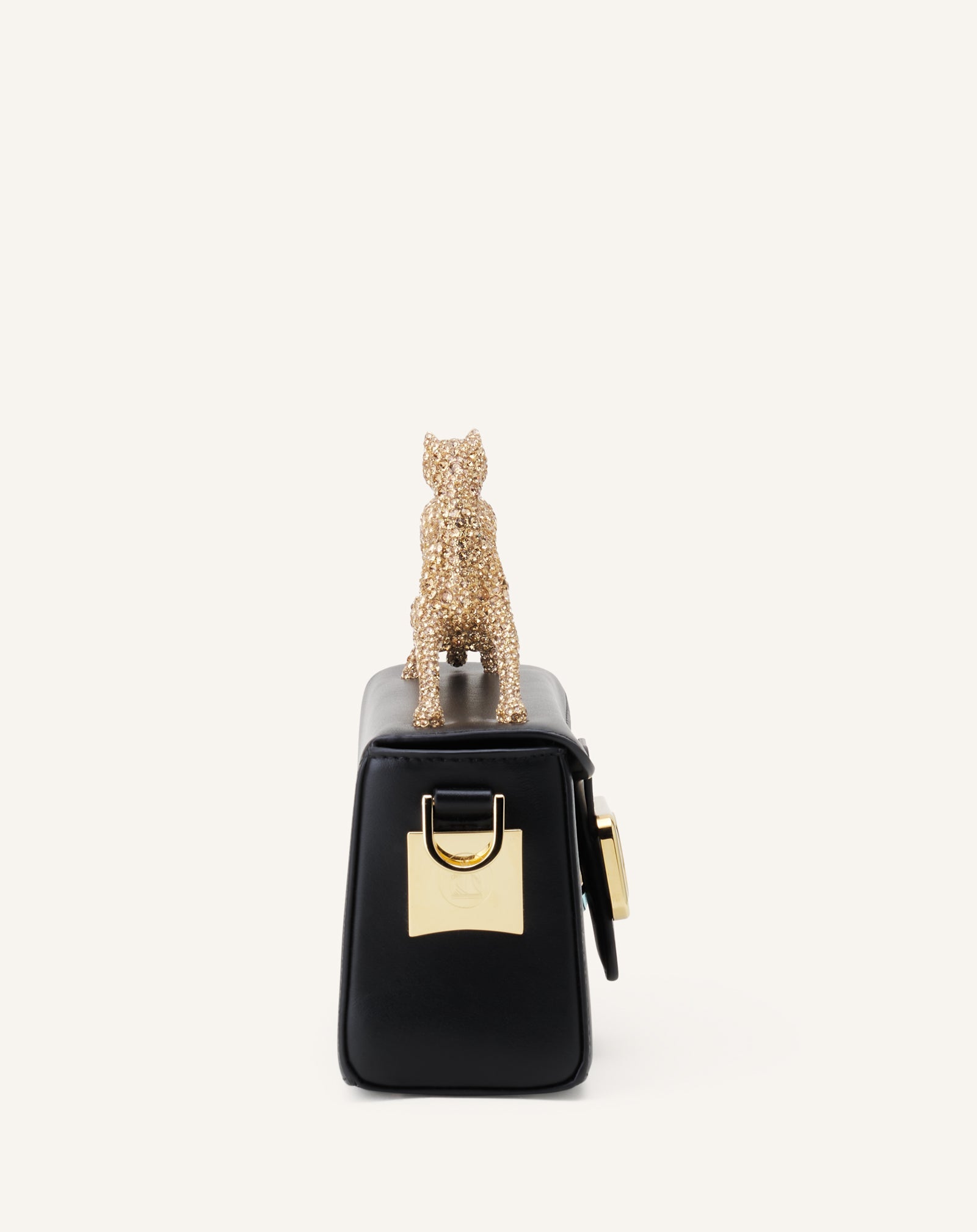 Black Leather Nano Pencil Cat Bag With Rhinestones