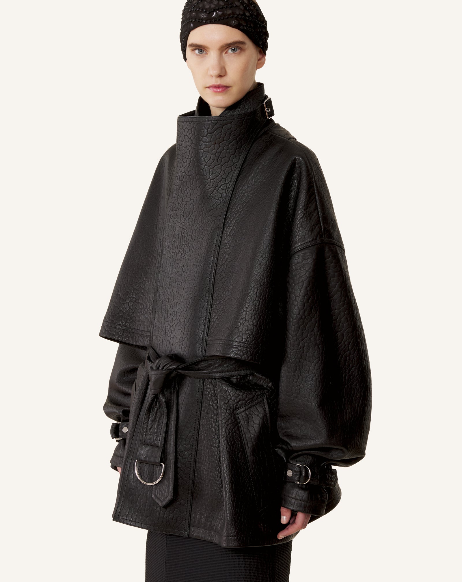 Blouson Col Montant En Cuir Black