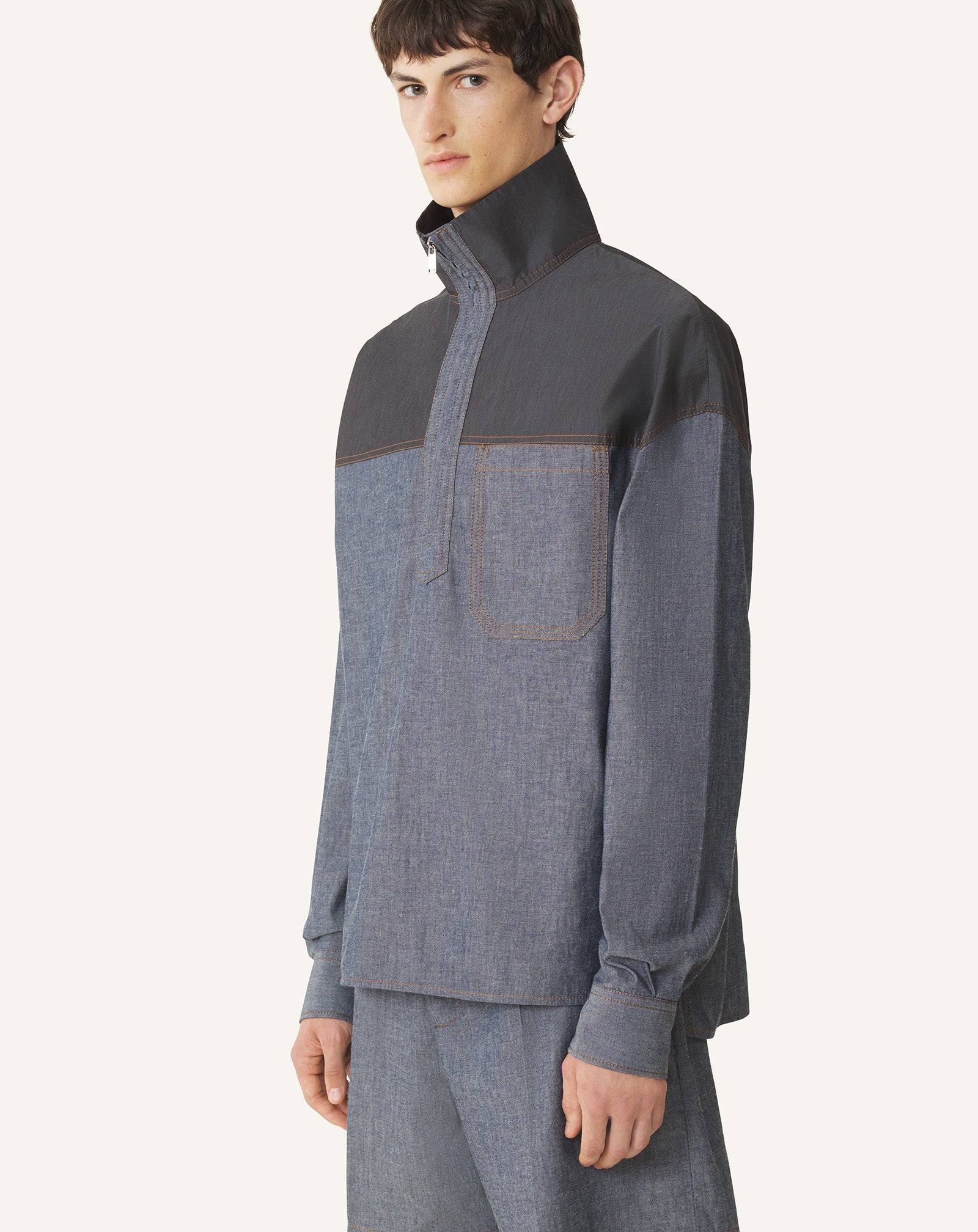 Haut Col Zippé En Chambray Blue