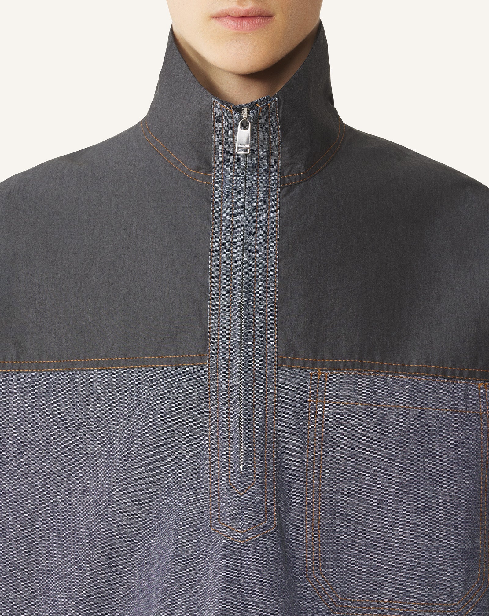 Haut Col Zippé En Chambray Blue