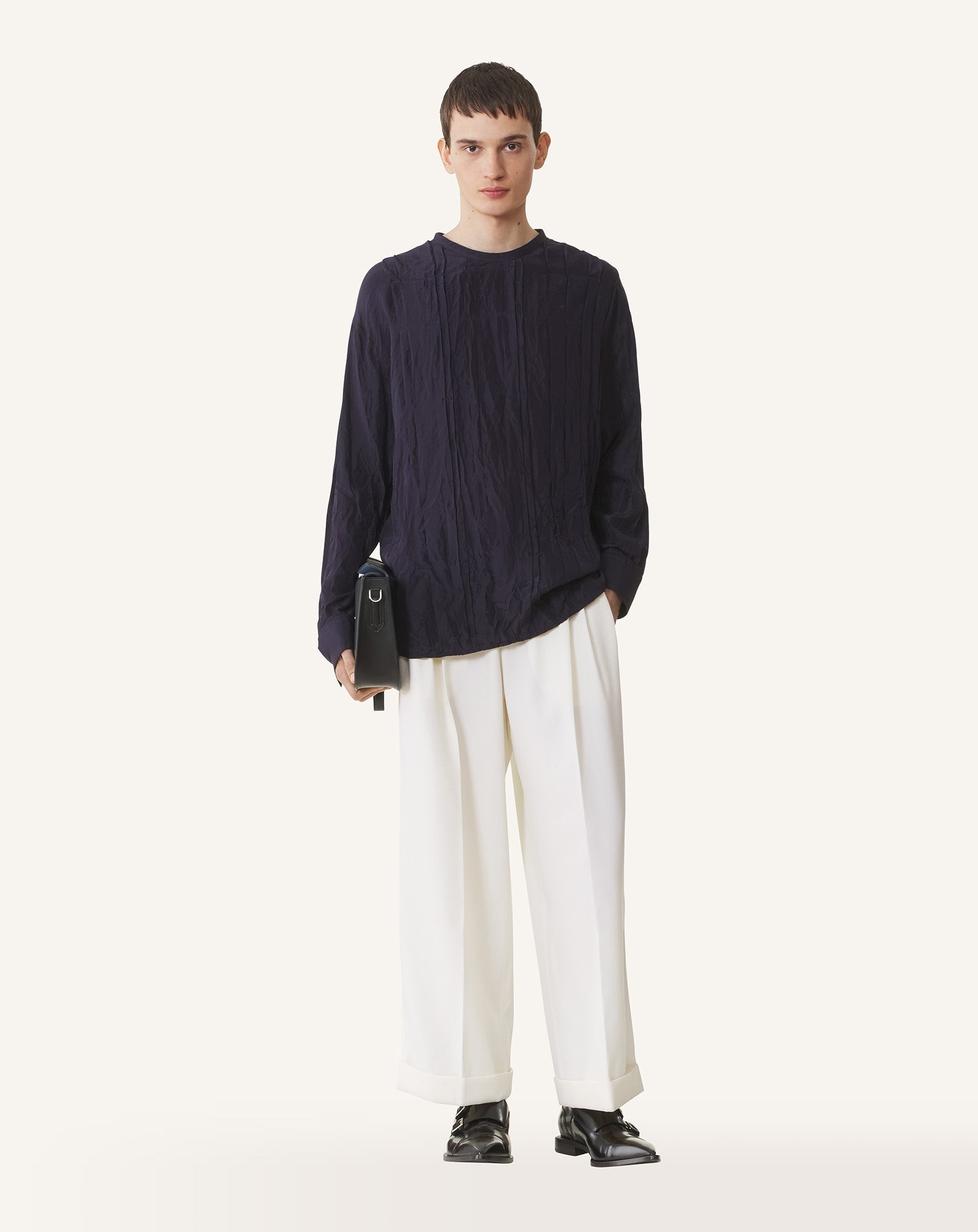 Blue Pleated Silk Top