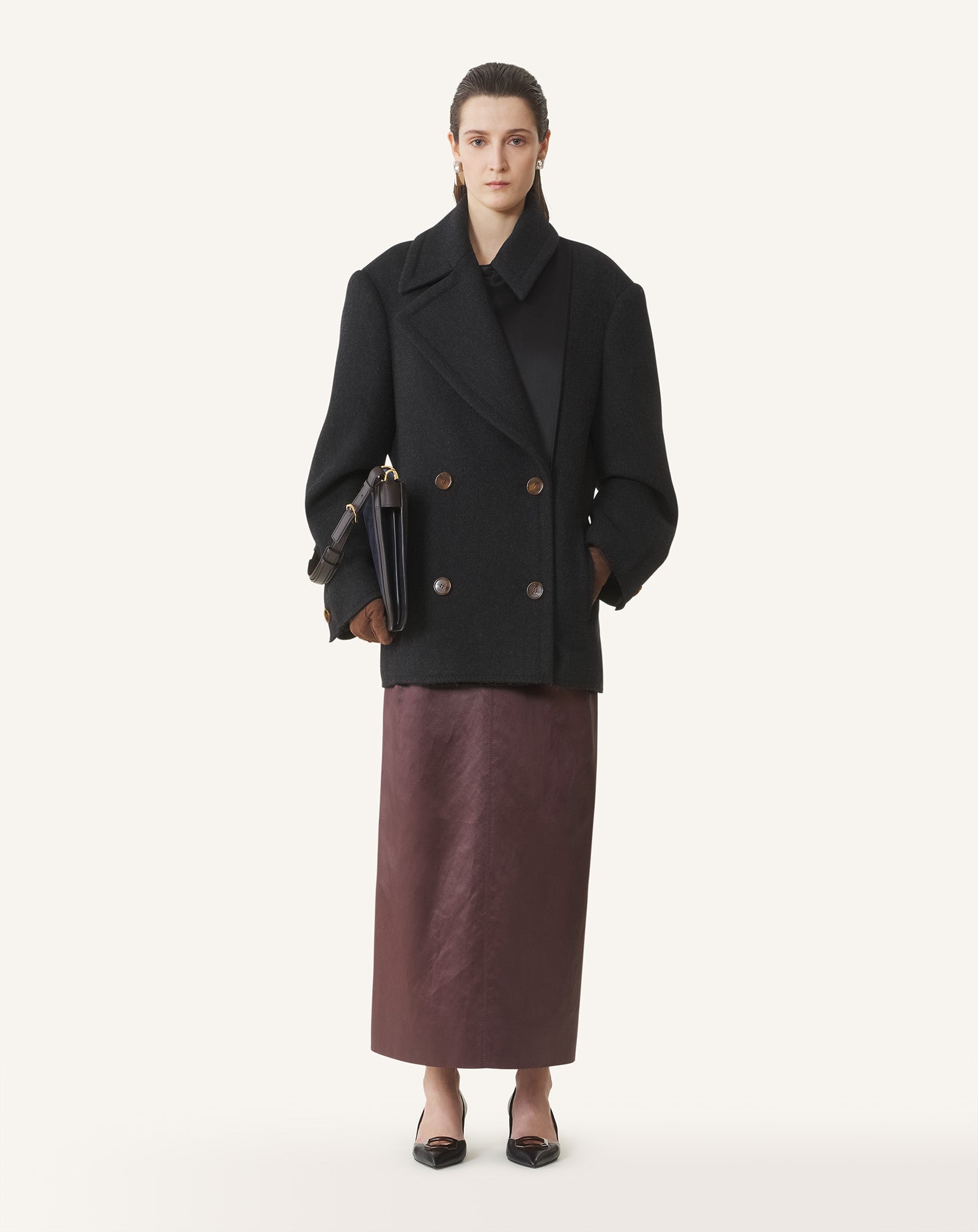 Black Short Peacoat In Wool