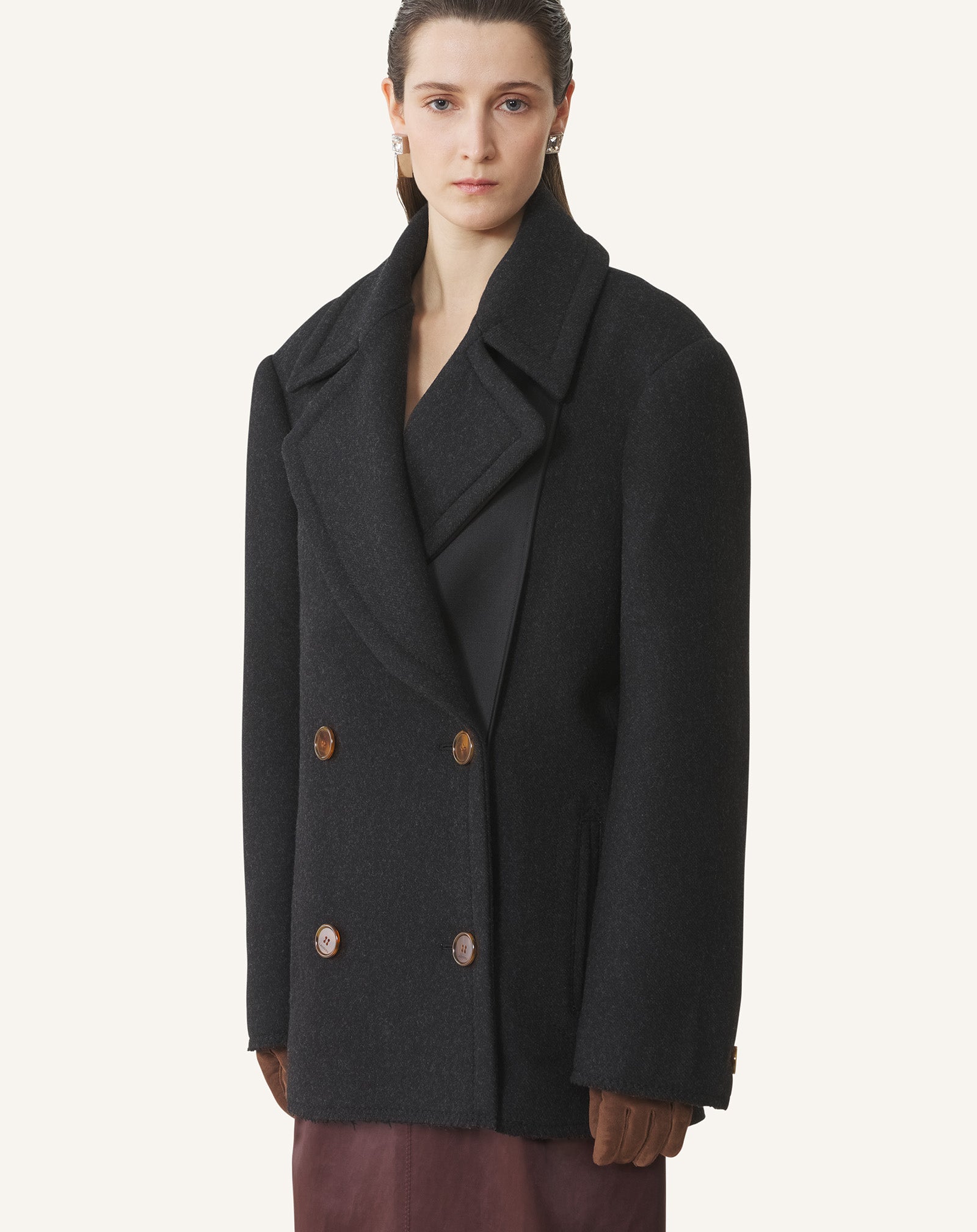 Black Short Peacoat In Wool