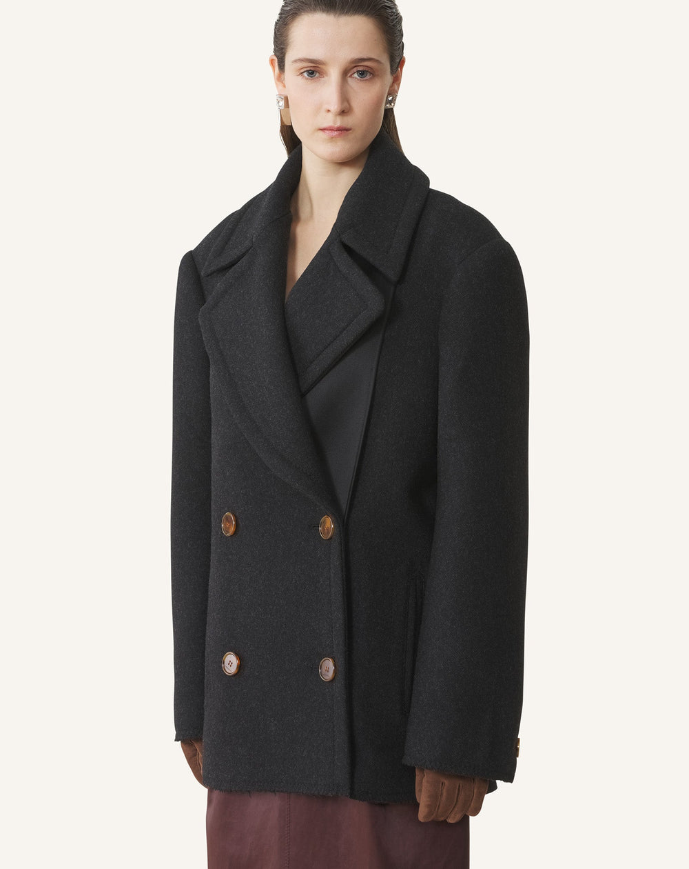 Black Short Peacoat In Wool