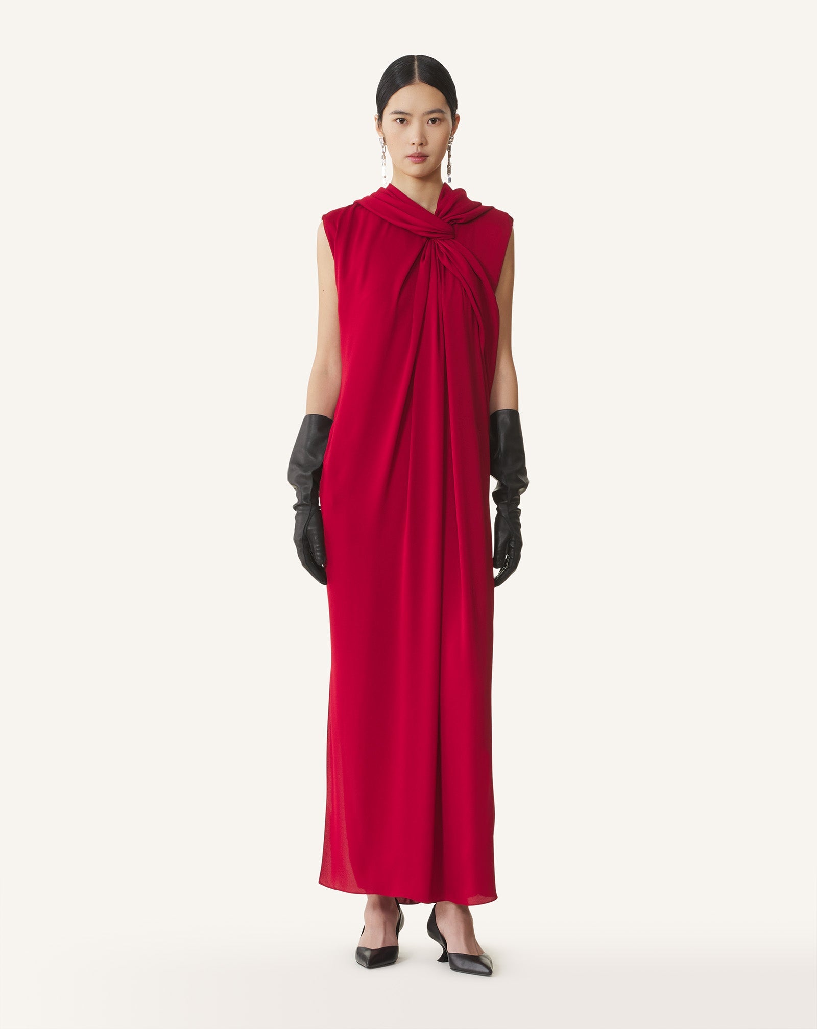 Red Long Knotted Dress In Satin