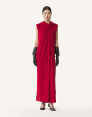 Red Long Knotted Dress In Satin