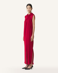 Red Long Knotted Dress In Satin