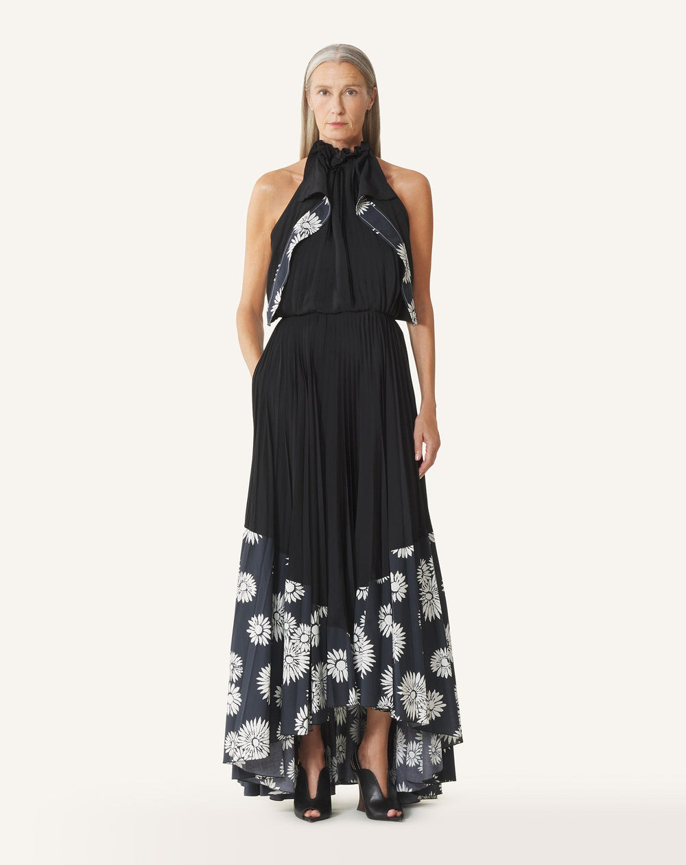 Robe Plissée En Charmeuse Et Coton Imprimé Black