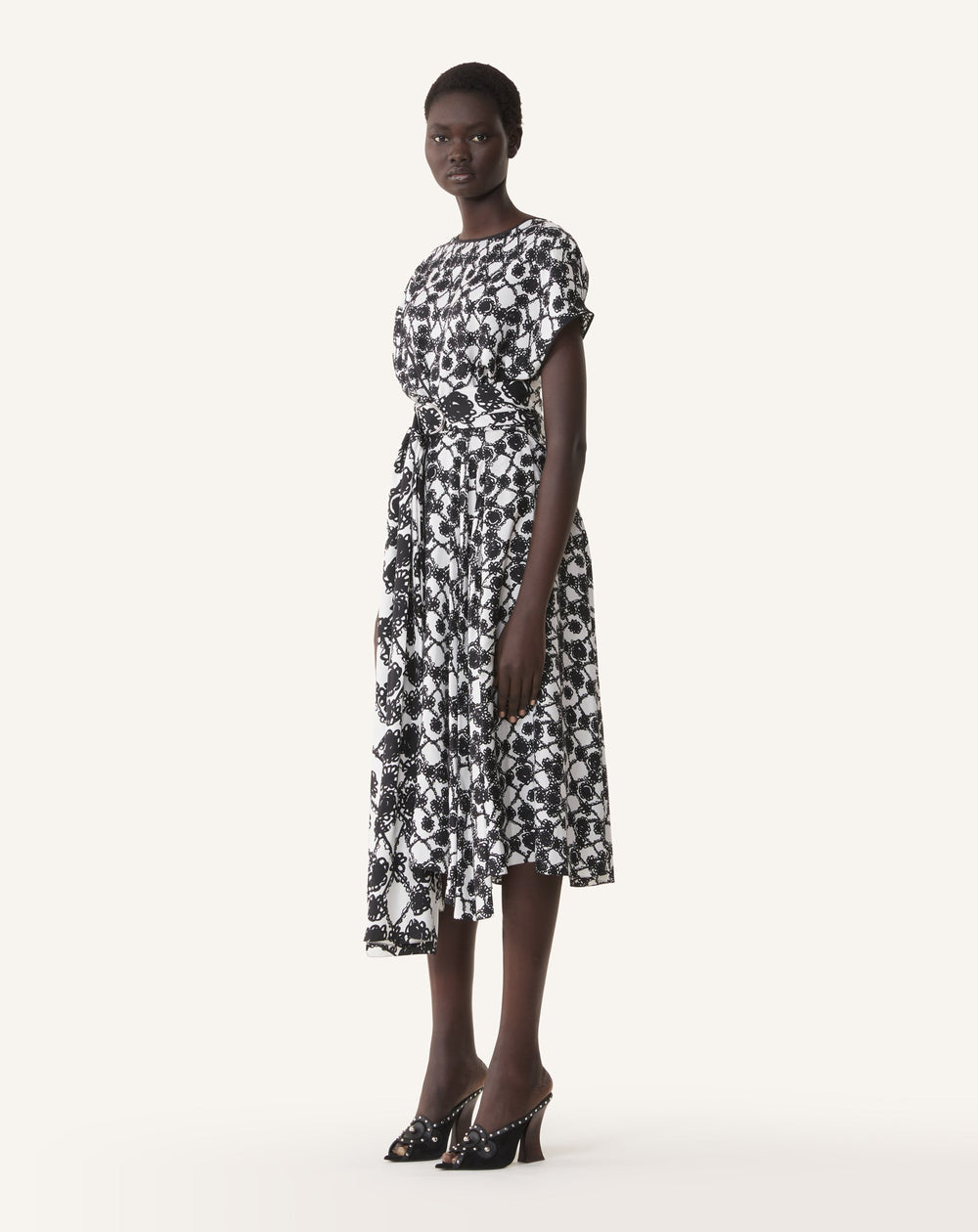 Robe Drapée En Soie Imprimée White