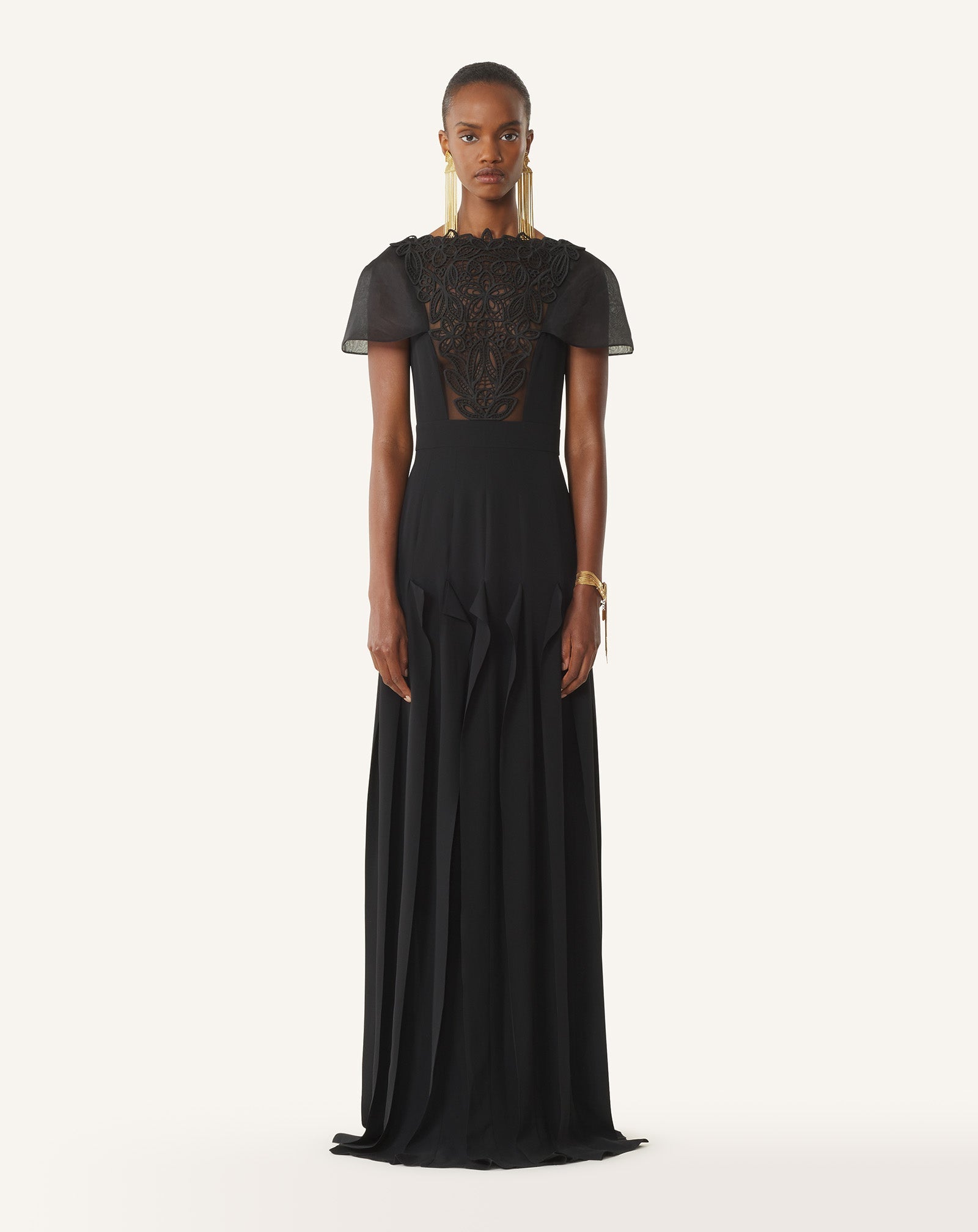 Robe À Plastron Brodé En Georgette De Soie Black