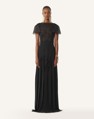 Robe À Plastron Brodé En Georgette De Soie Black