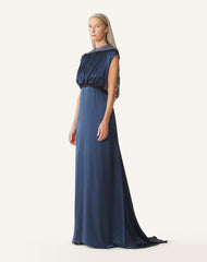 Robe À Dos Brodé En Satin De Soie Blue