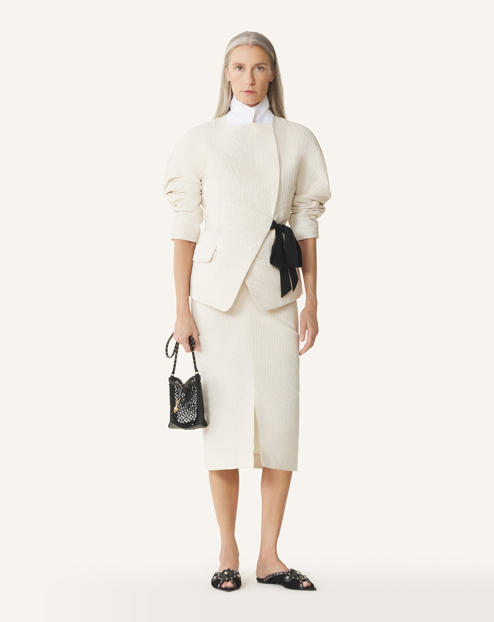 Veste Ceinturée En Jacquard White