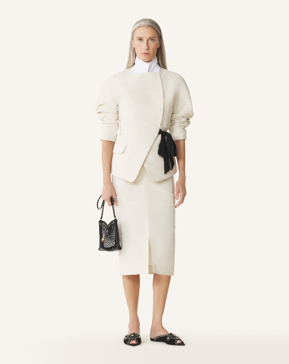 Veste Ceinturée En Jacquard White